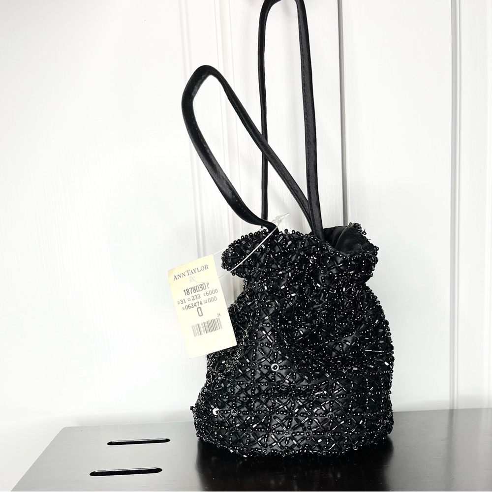 Ann Taylor Formal Black Beaded Mini Bag Holiday Party or Cocktail